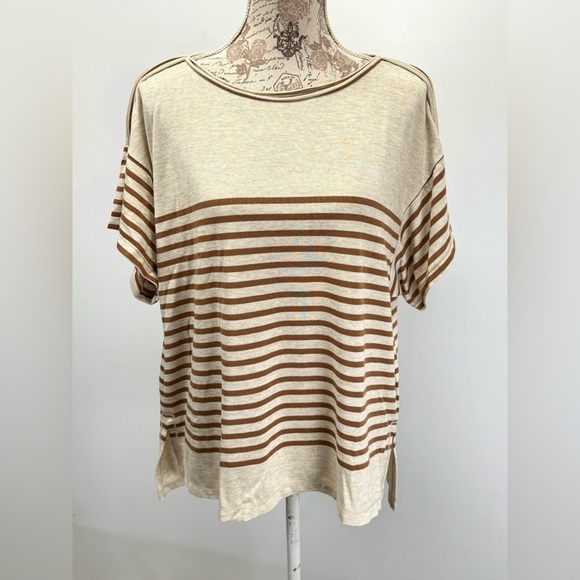 MAX STUDIO Beige and tan Striped Short Sleeve Top size L - Picture 8 of 15